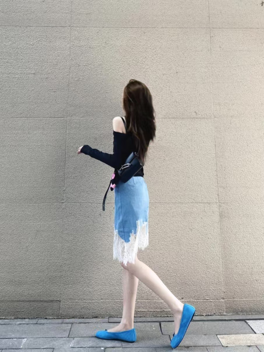 蕾絲拼接牛仔裙