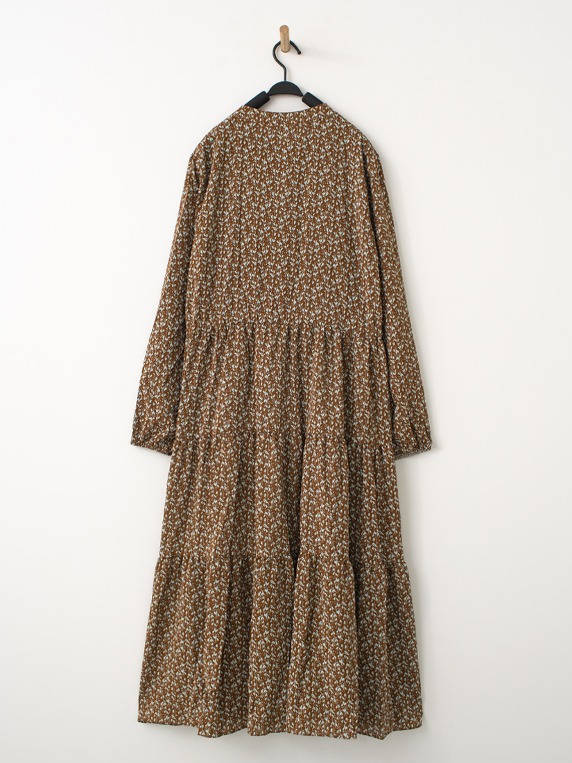 復古印花細褶綁帶長洋裝