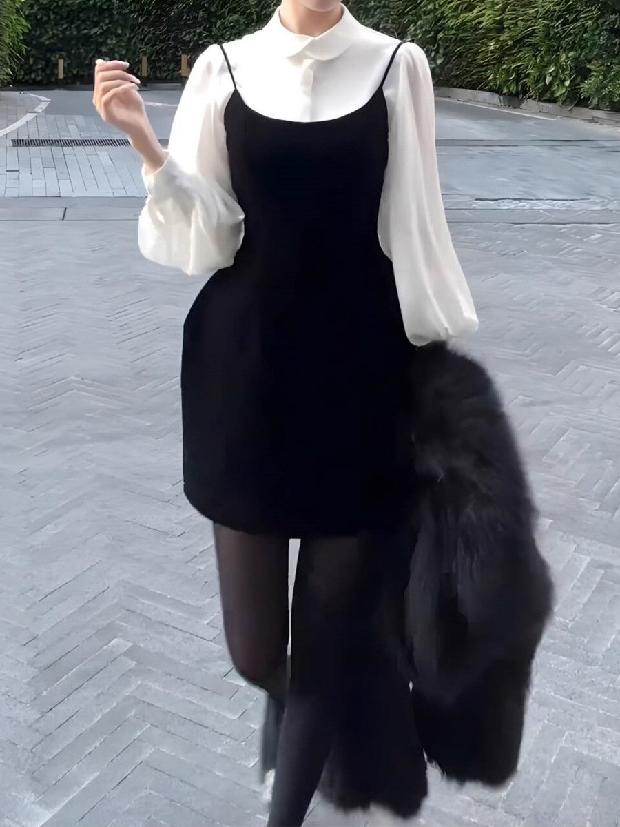 千金優雅 小翻領襯衫+絲絨吊帶裙(2件組)