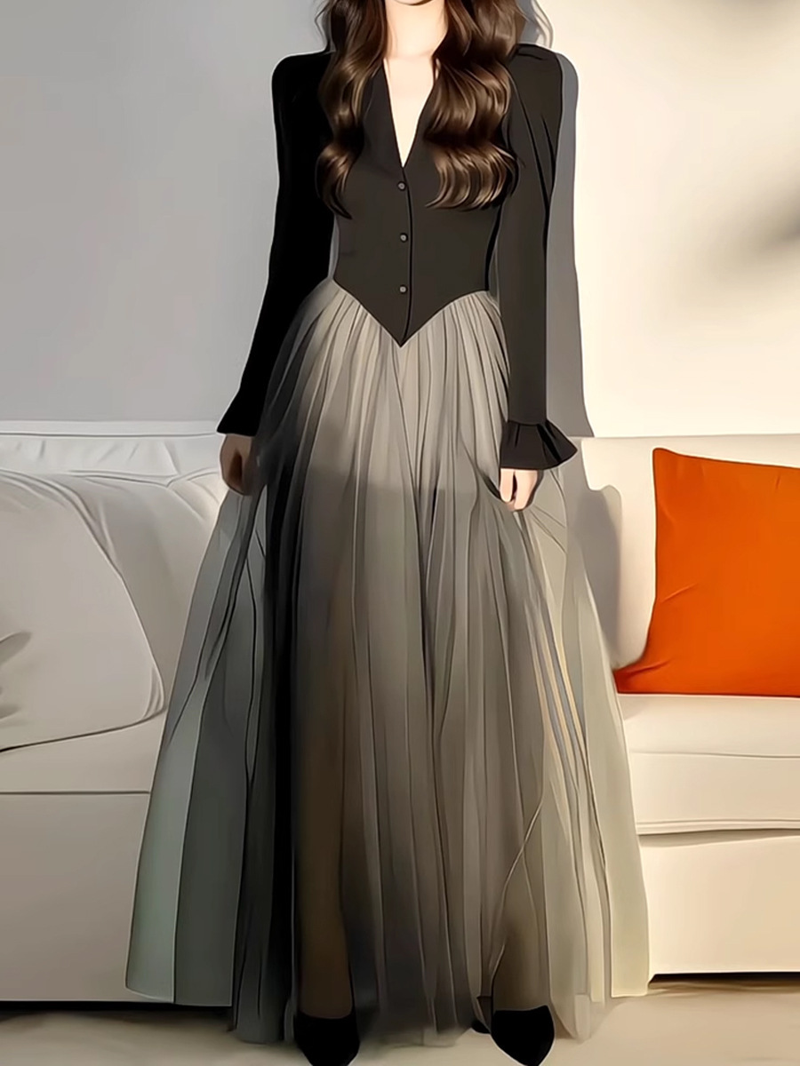 網紗拼接V領長禮服