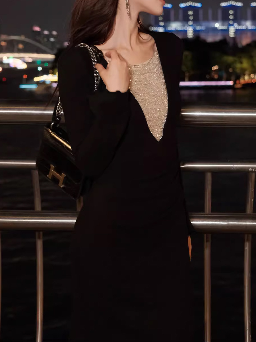 滿滿水鑽 深V天鵝絨長洋