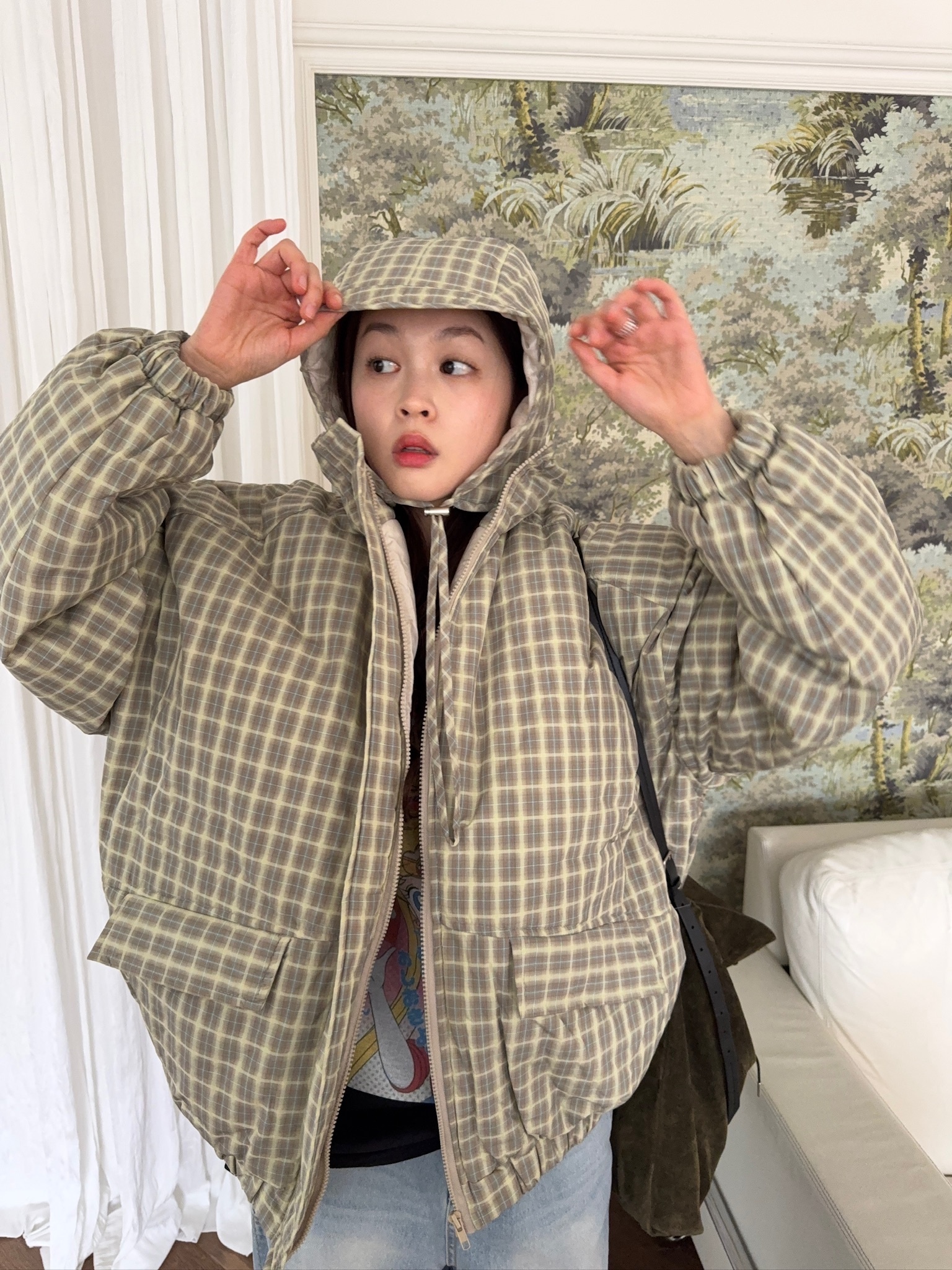 J46/ 格子鋪棉外套+帽子 SET