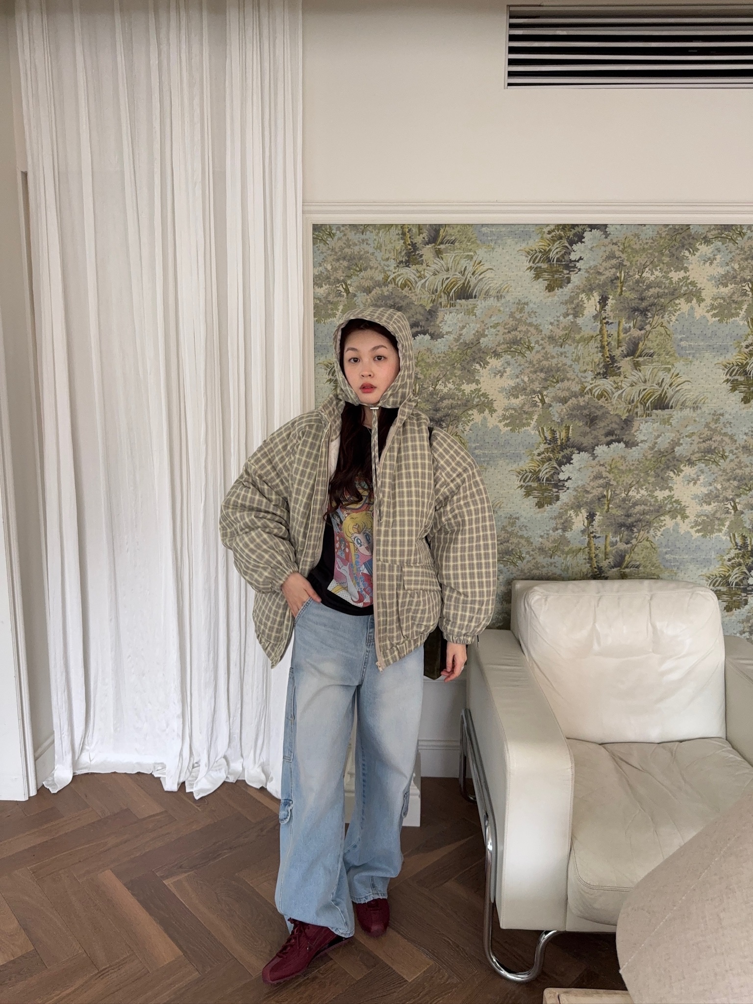 J46/ 格子鋪棉外套+帽子 SET