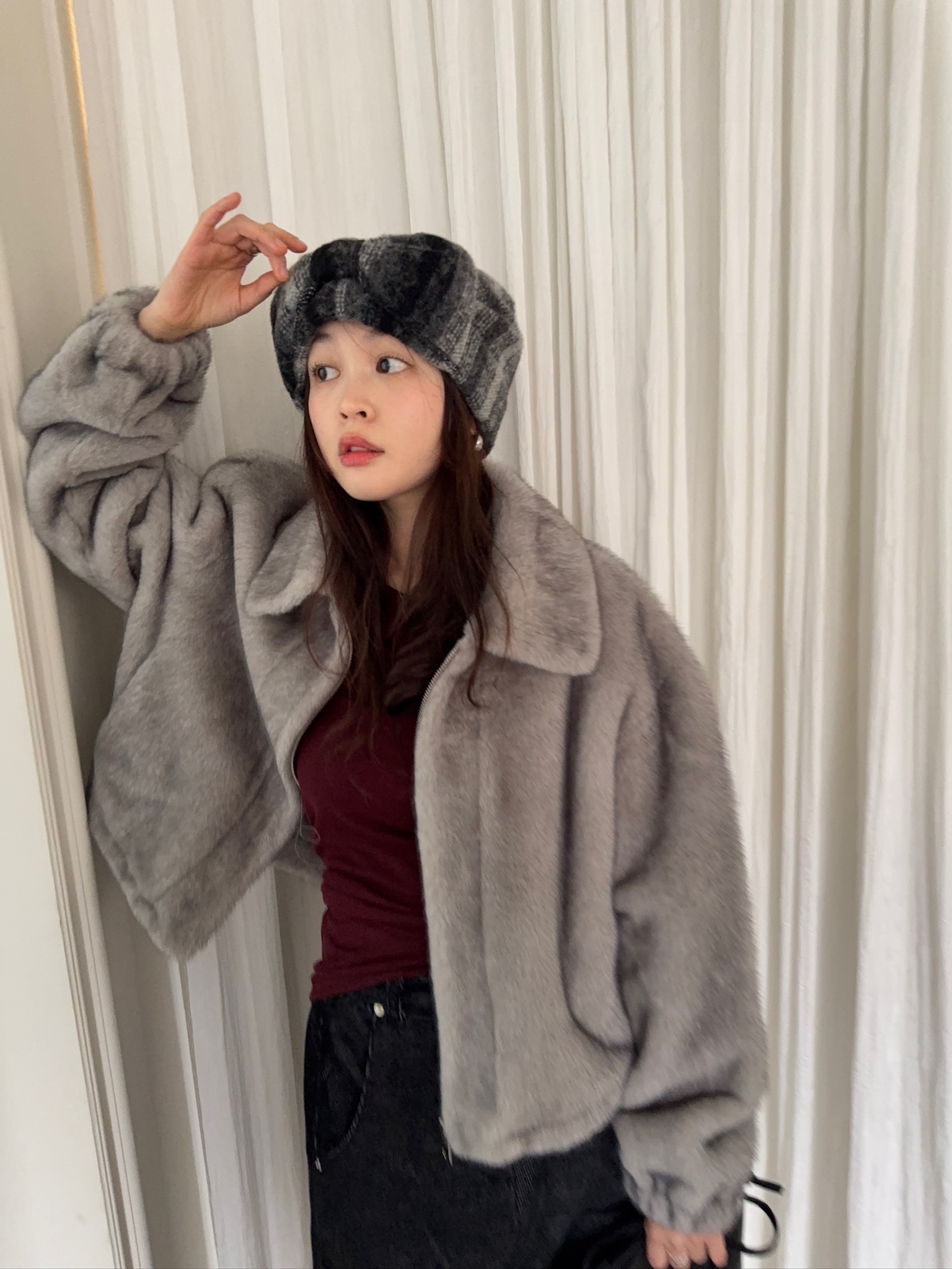 J49/ 大翻領貂毛短版外套