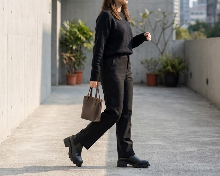 Sanly Joy 小個子顯高穿搭教學，示範同色系延伸法 Tone on Tone 技巧，利用真皮切爾西，視覺拉長小腿比例，是 155cm 嬌小女生必學的無痛增高術。