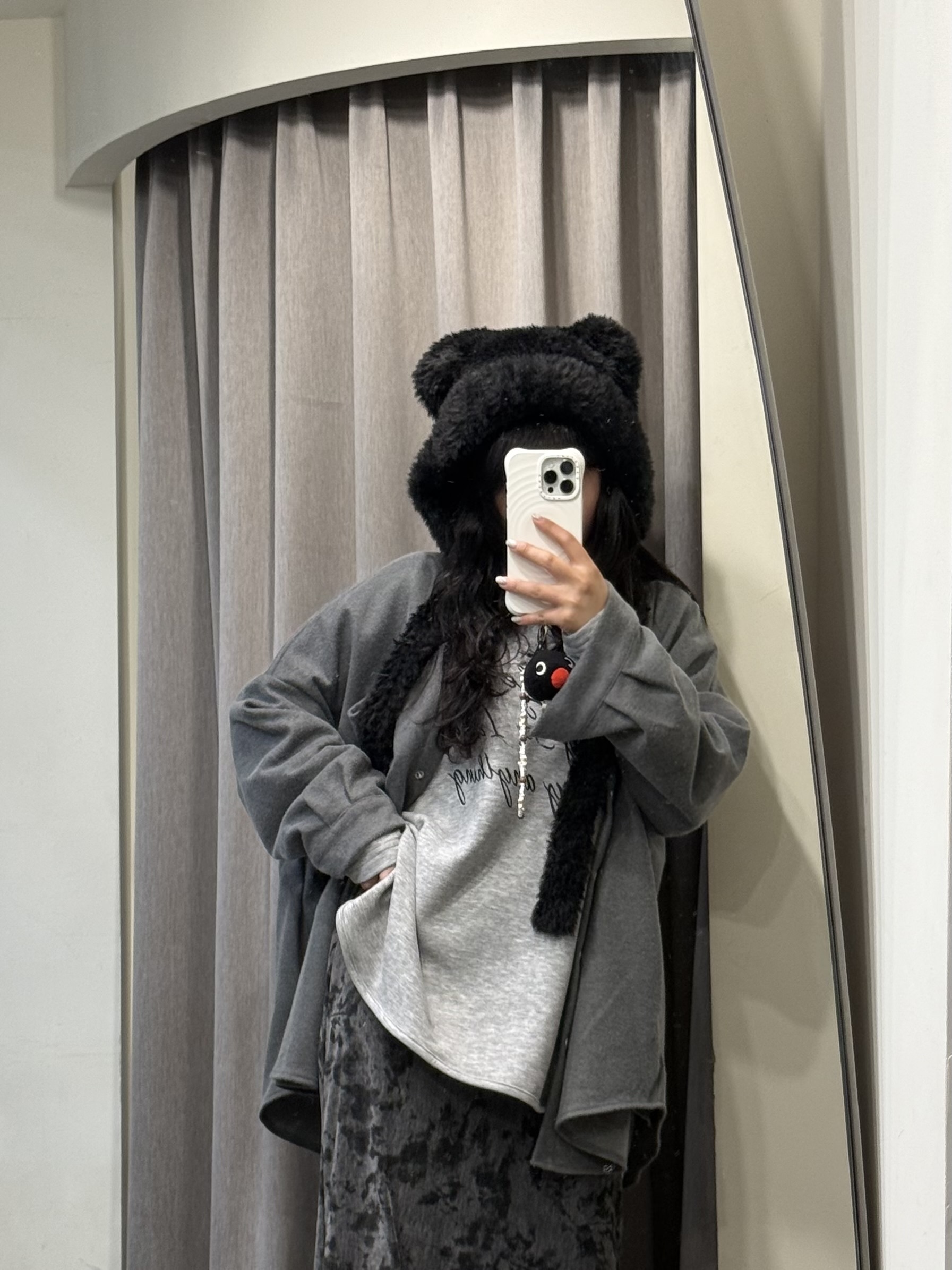 翻領皮革拼接毛料長版襯衫