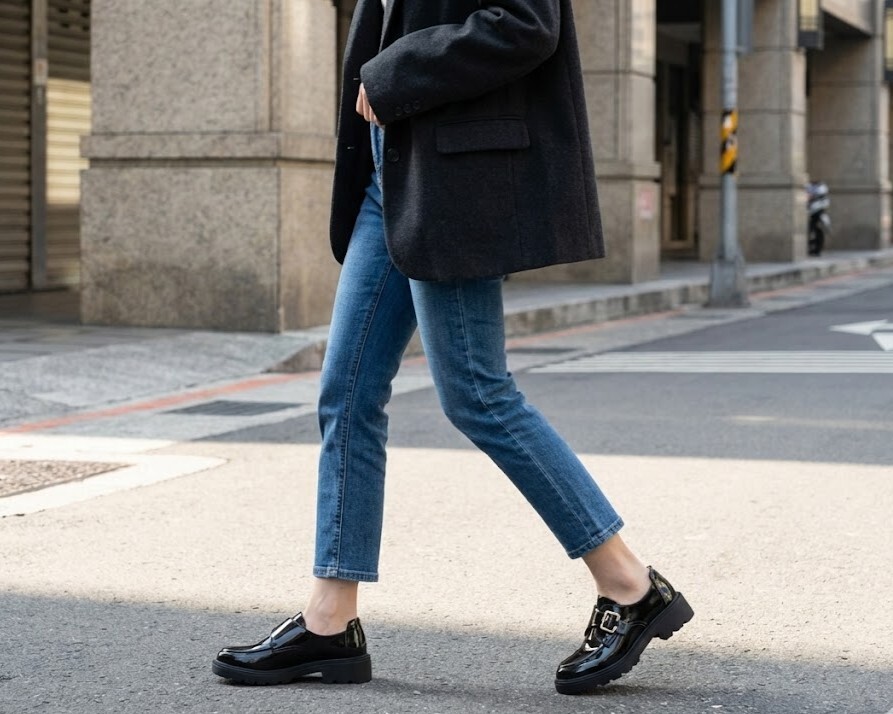 小個子女生顯瘦穿搭示範，利用 Sanly Joy 厚底真皮樂福鞋搭配九分褲露出纖細腳踝，運用視覺對比原理修飾腿型，避免落地褲堆積造成的笨重感，打造輕盈高挑比例。