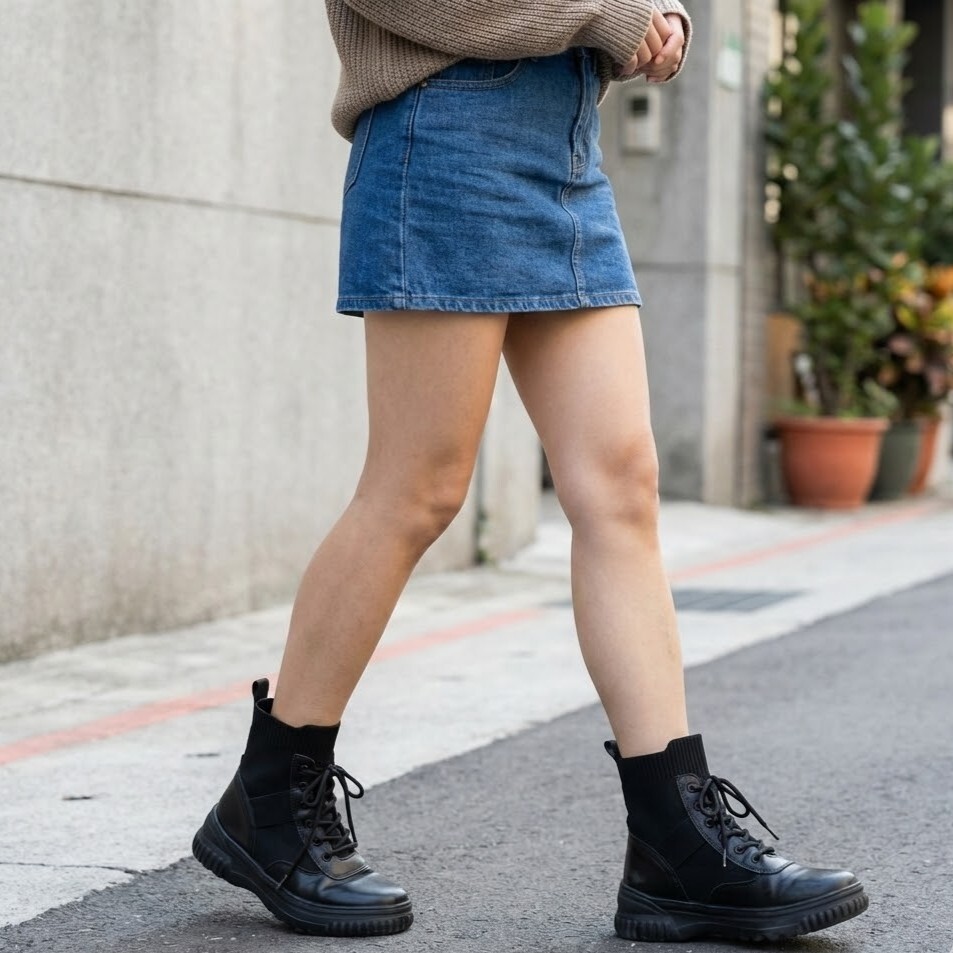 Sanly Joy 克洛伊厚底真皮短靴穿搭示範，利用前高後高防水台設計提供穩定增高效果，修飾小腿線條，適合搭配短裙，是 155cm 小個子女生秋冬必備的顯瘦長腿靴。