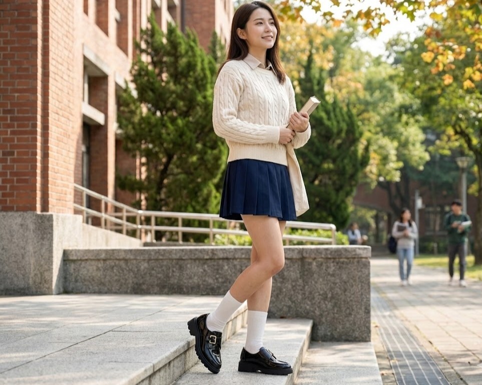Sanly Joy 孟克厚底樂福鞋系列穿搭，結合英倫學院風與物理增高設計，搭配中筒襪展現減齡效果，是小個子上班族與學生日常通勤最舒適的隱形增高皮鞋。