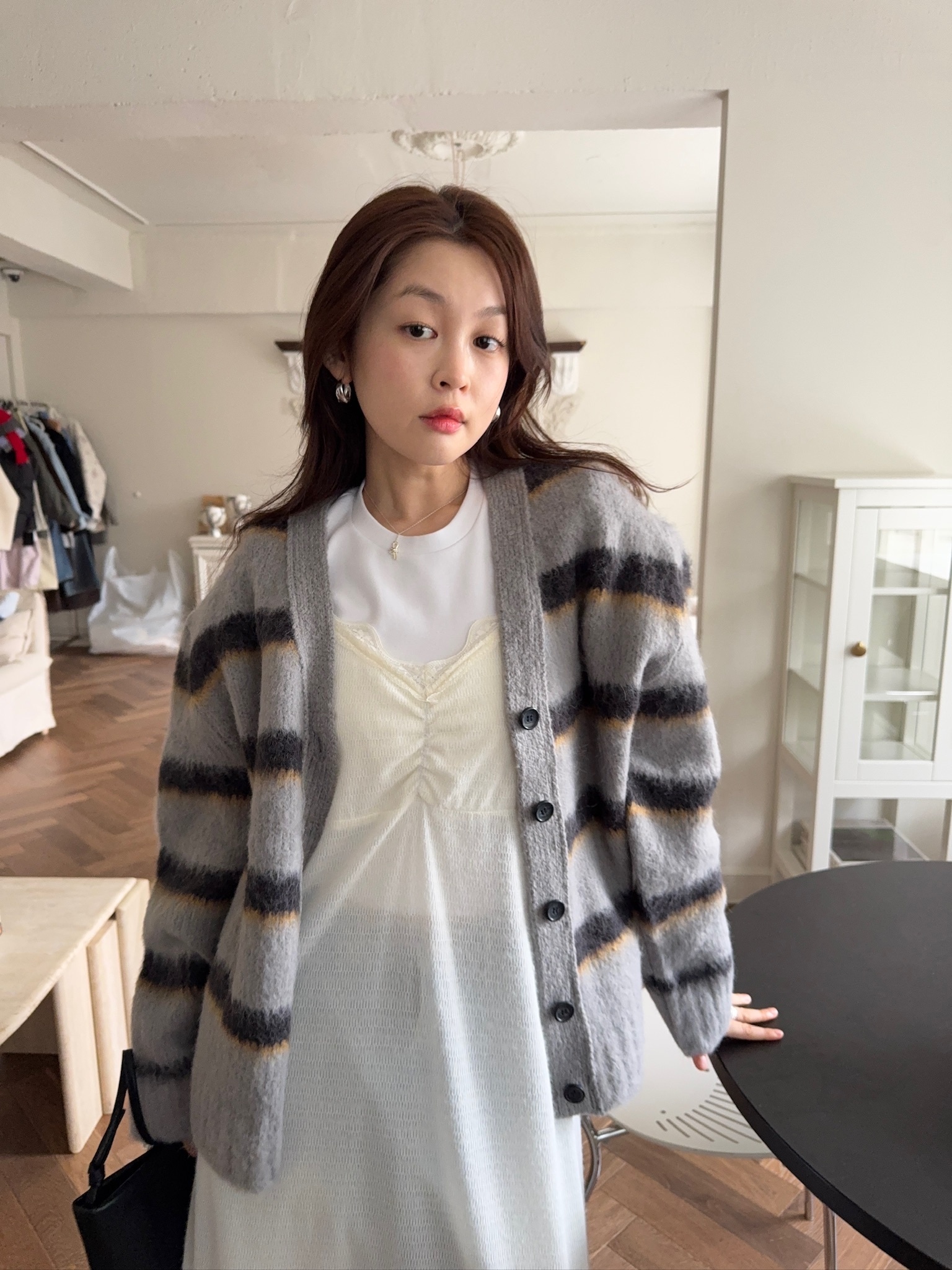 J51/ 混羊毛20%條紋針織罩衫