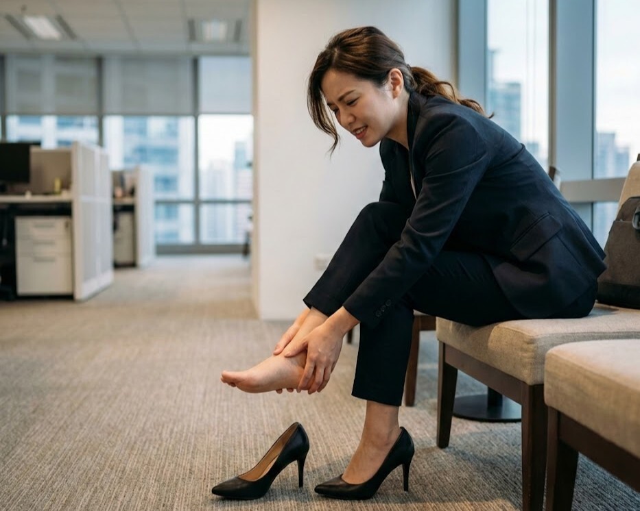 比較細跟高跟鞋與 Sanly Joy 厚底鞋的舒適度差異，強調厚底鞋能提供穩定的物理增高與足弓支撐，解決穿高跟鞋腳痛抽筋的困擾，是小個子女生兼顧美觀與健康的最佳選擇。