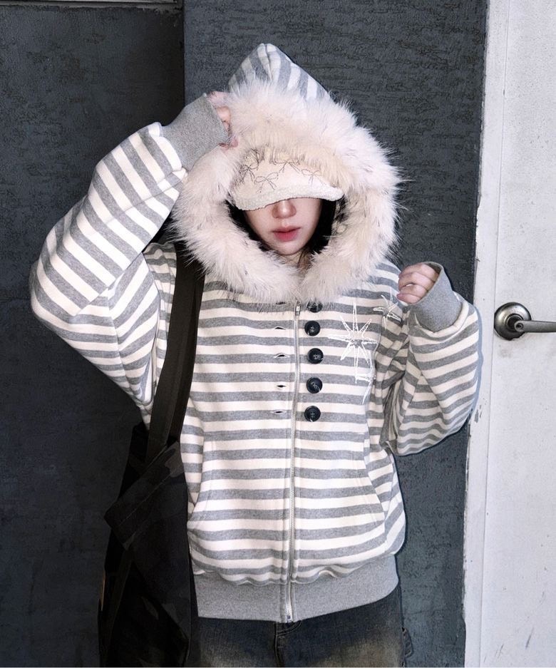 UNTITLED 毛毛條紋外套