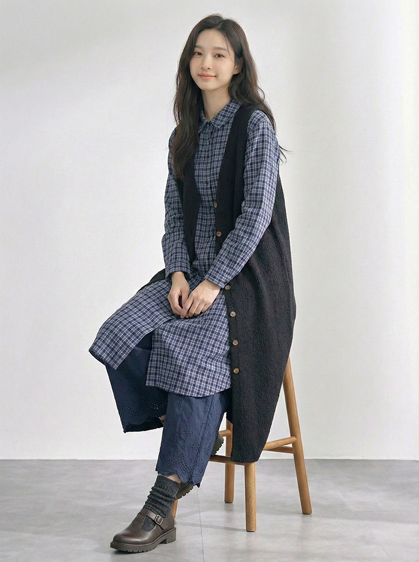 排釦吊帶針織背心格紋半開襟洋裝組合