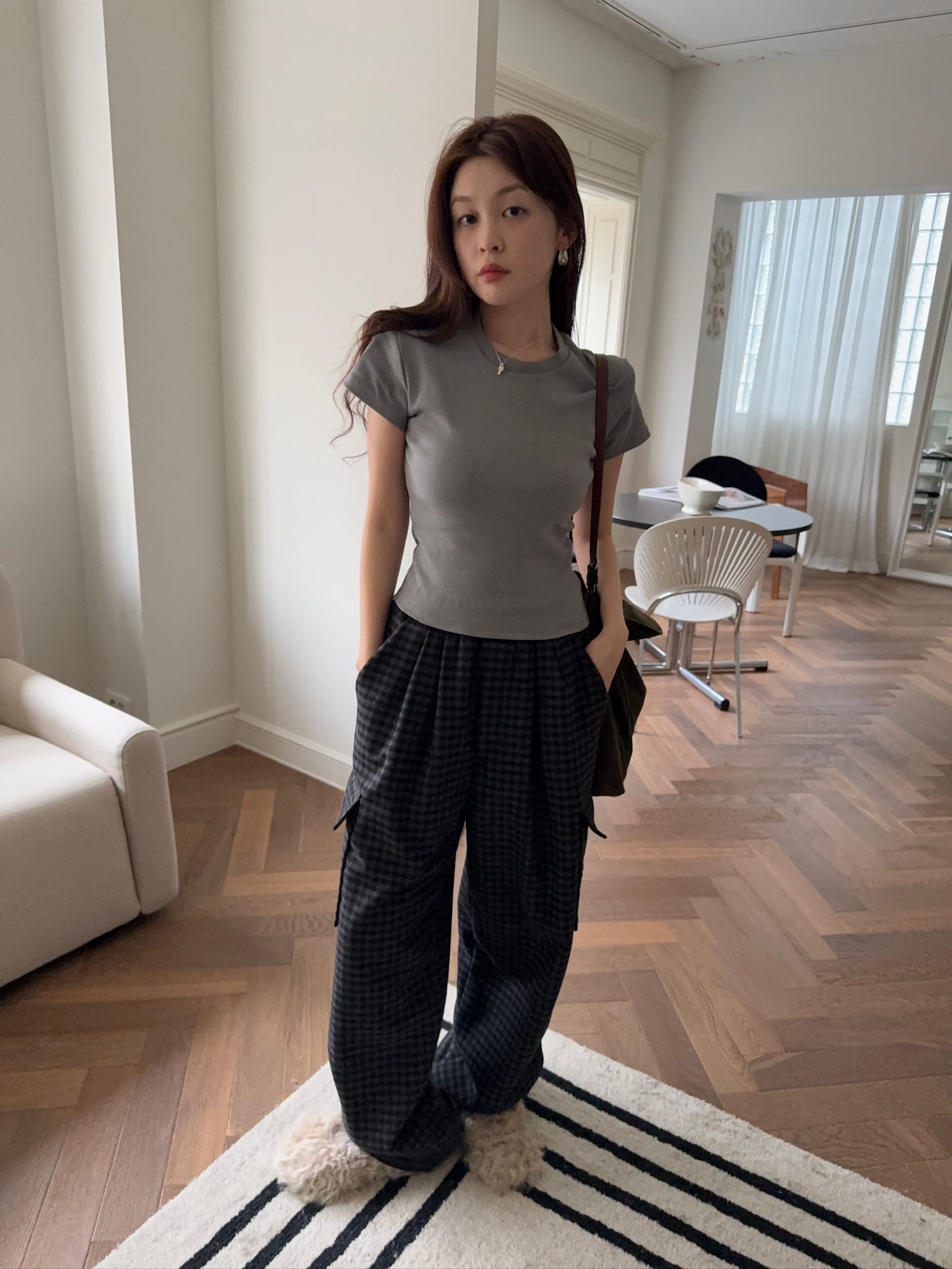 J57/ 格子內磨毛側口袋工裝長褲