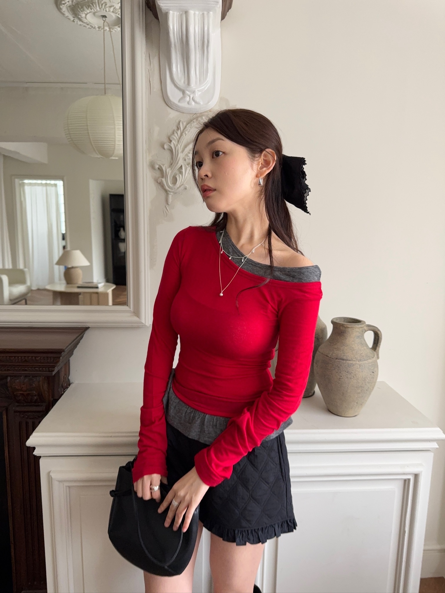 J59/ 混羊毛27%假兩件拼接內搭長袖上衣