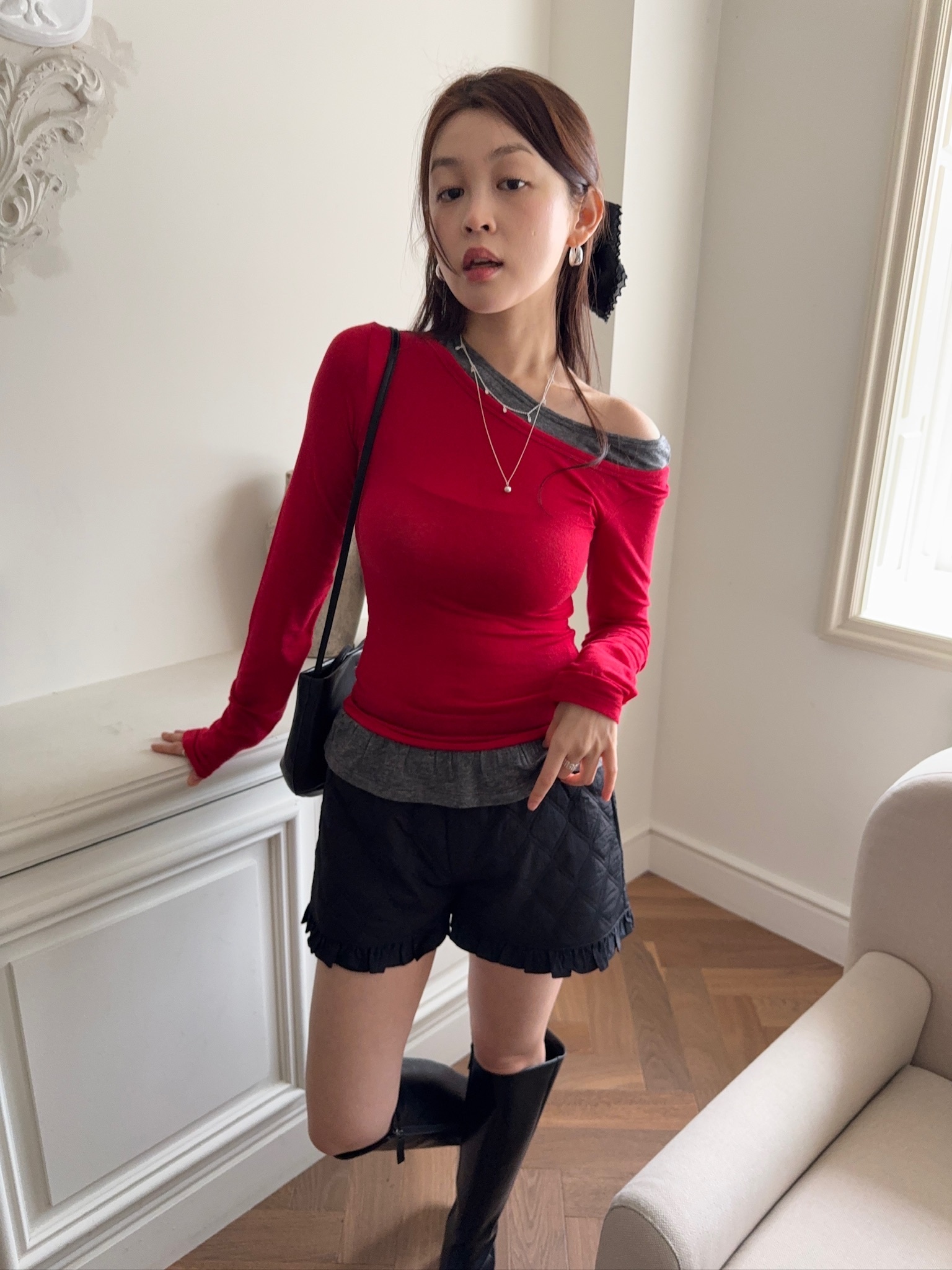 J59/ 混羊毛27%假兩件拼接內搭長袖上衣