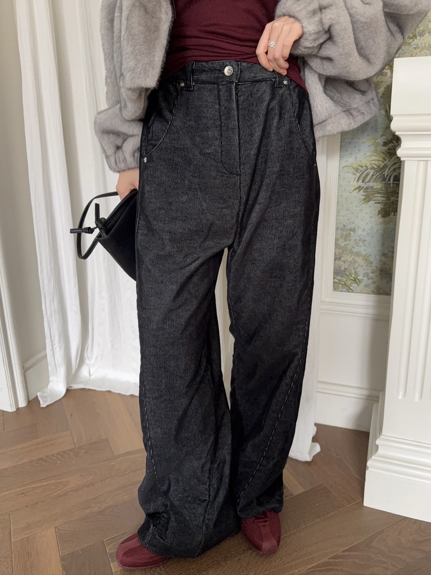 J65/ 線條內磨毛直筒牛仔褲