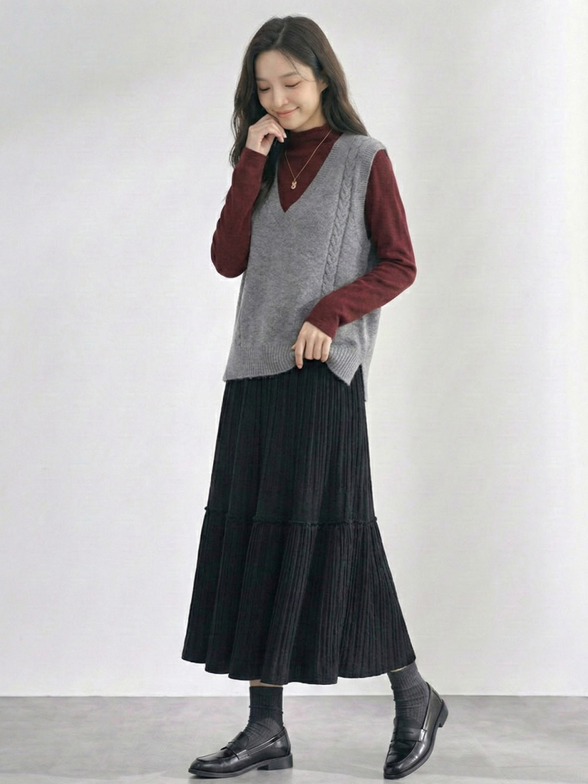 v領麻花針織背心磨毛立領內搭壓褶絨裙組合