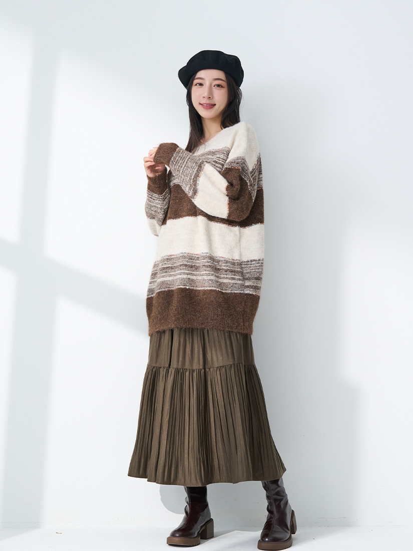 混色坎紗條紋針織上衣紋理印花剪接壓褶絨面長裙組合