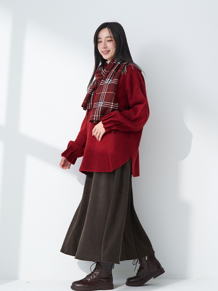 素色長版毛衣木耳邊內搭織棉A字裙組合