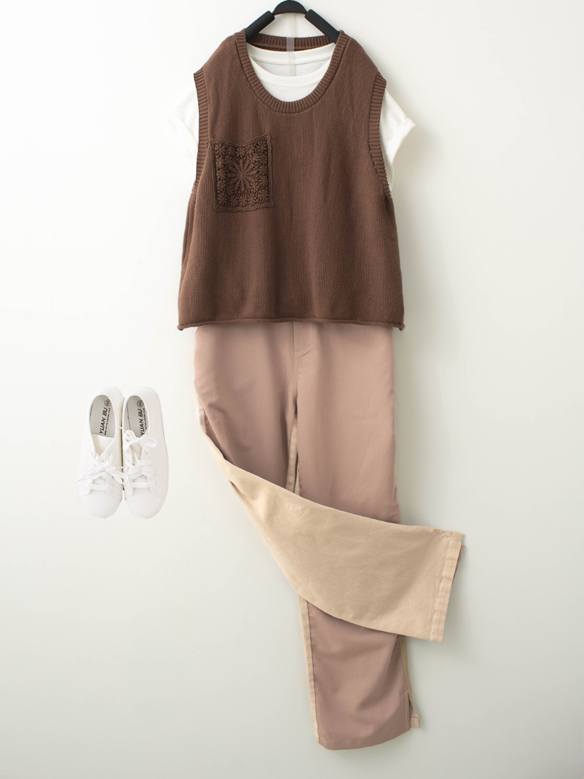 下擺捲邊口袋背心側抓皺上衣拚色長褲組合