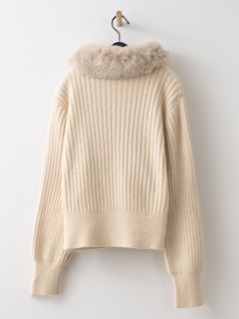 質感素色羅紋毛毛領拉鍊針織外套