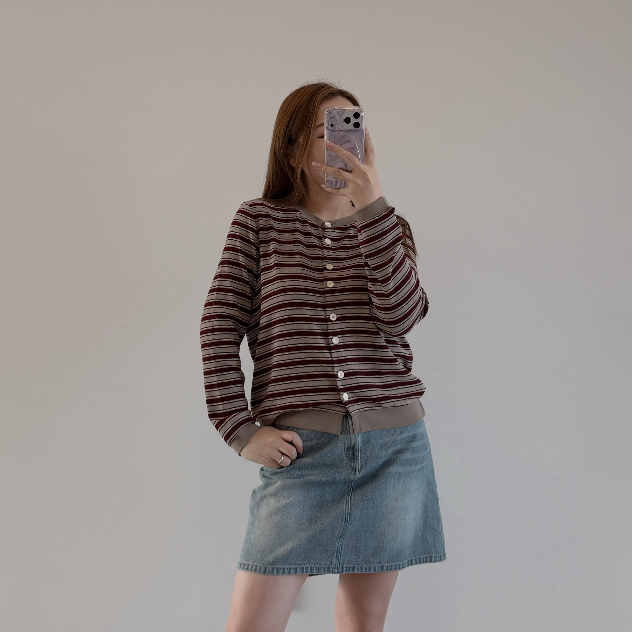 現貨 7365 啡紅x卡其 間條針織外套