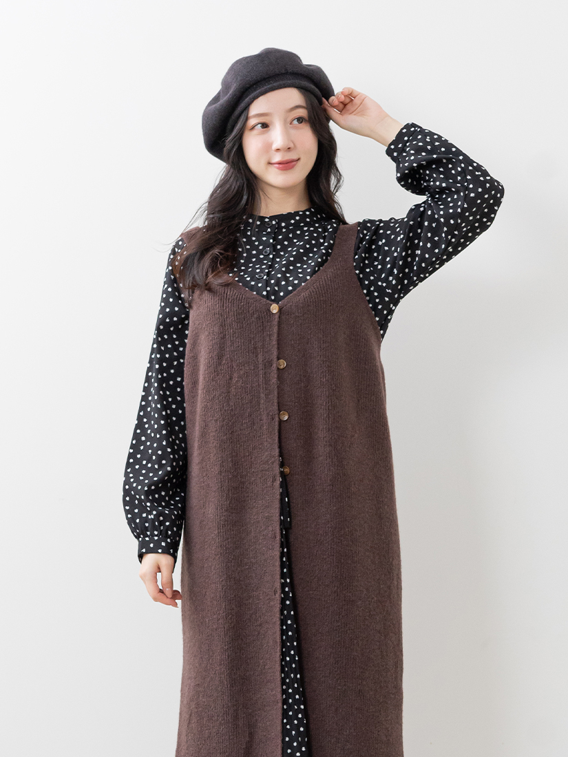 排釦吊帶針織背心點點印花綁帶壓褶洋裝組合