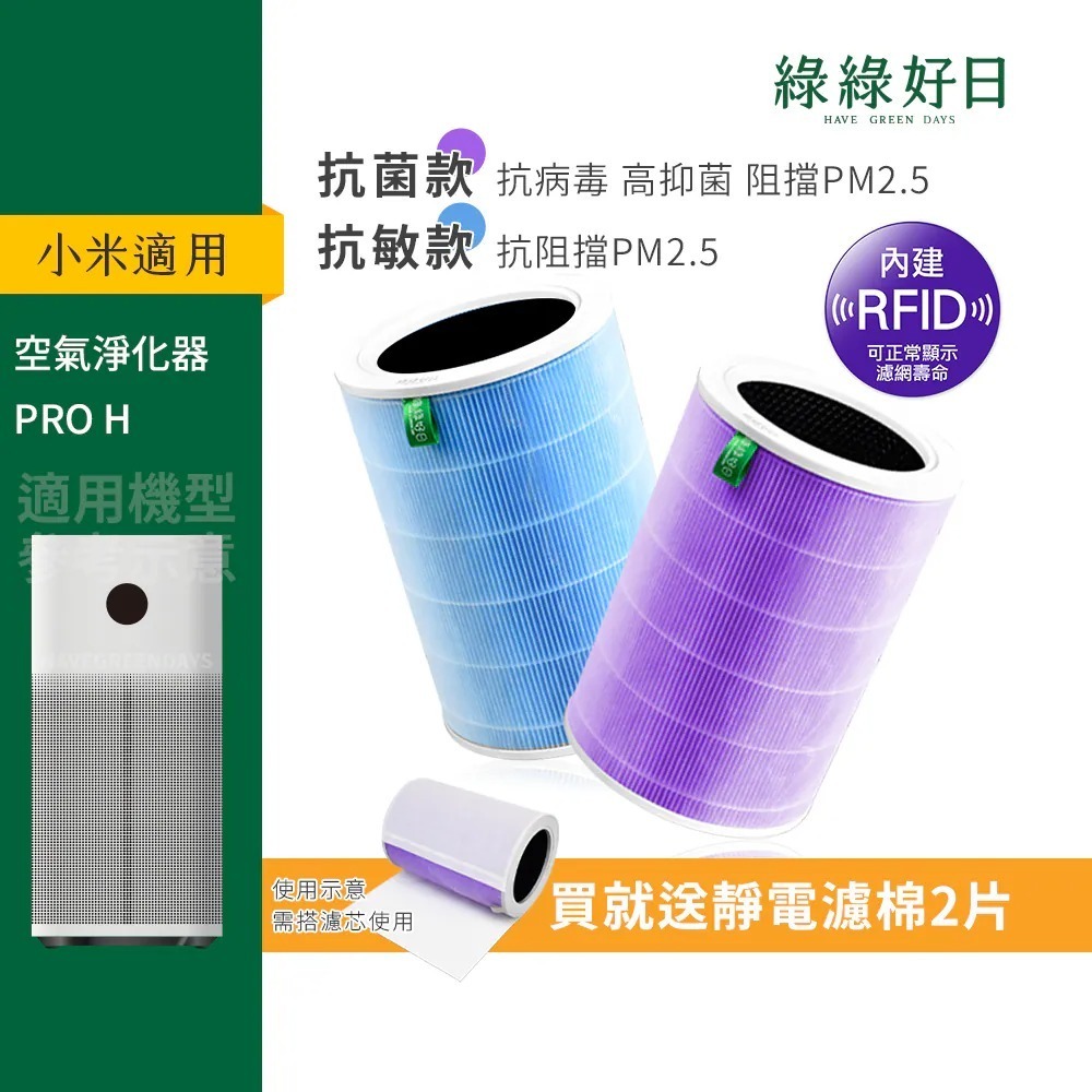 含RFID|適用 小米 Pro H 米家空氣淨化器 抗敏除臭/抗菌除臭 顆粒活性碳 抗菌抗病毒HEPA濾網 綠綠好日