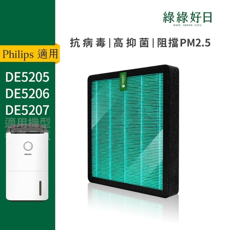 適用Philips飛利浦 DE5205 DE5206 DE5207 清淨除濕機 2in1蜂顆活性碳複合抗菌HEPA濾網 綠綠好日