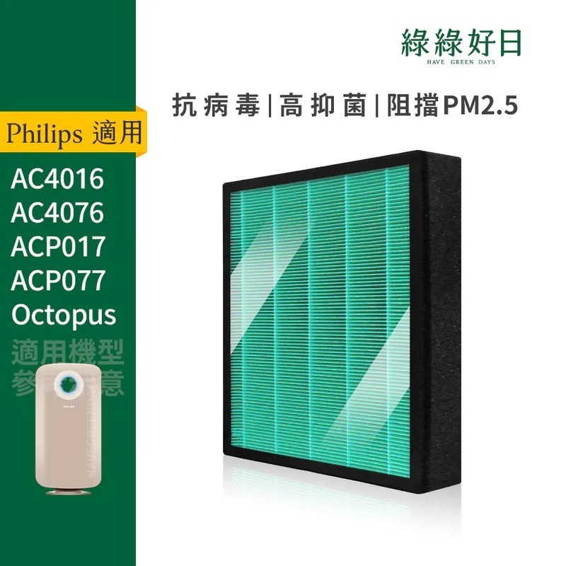 適用 Philips飛利浦 AC4076 AC4016 ACP017 HEPA抗菌濾心 蜂顆活性碳 複合式濾網 綠綠好日