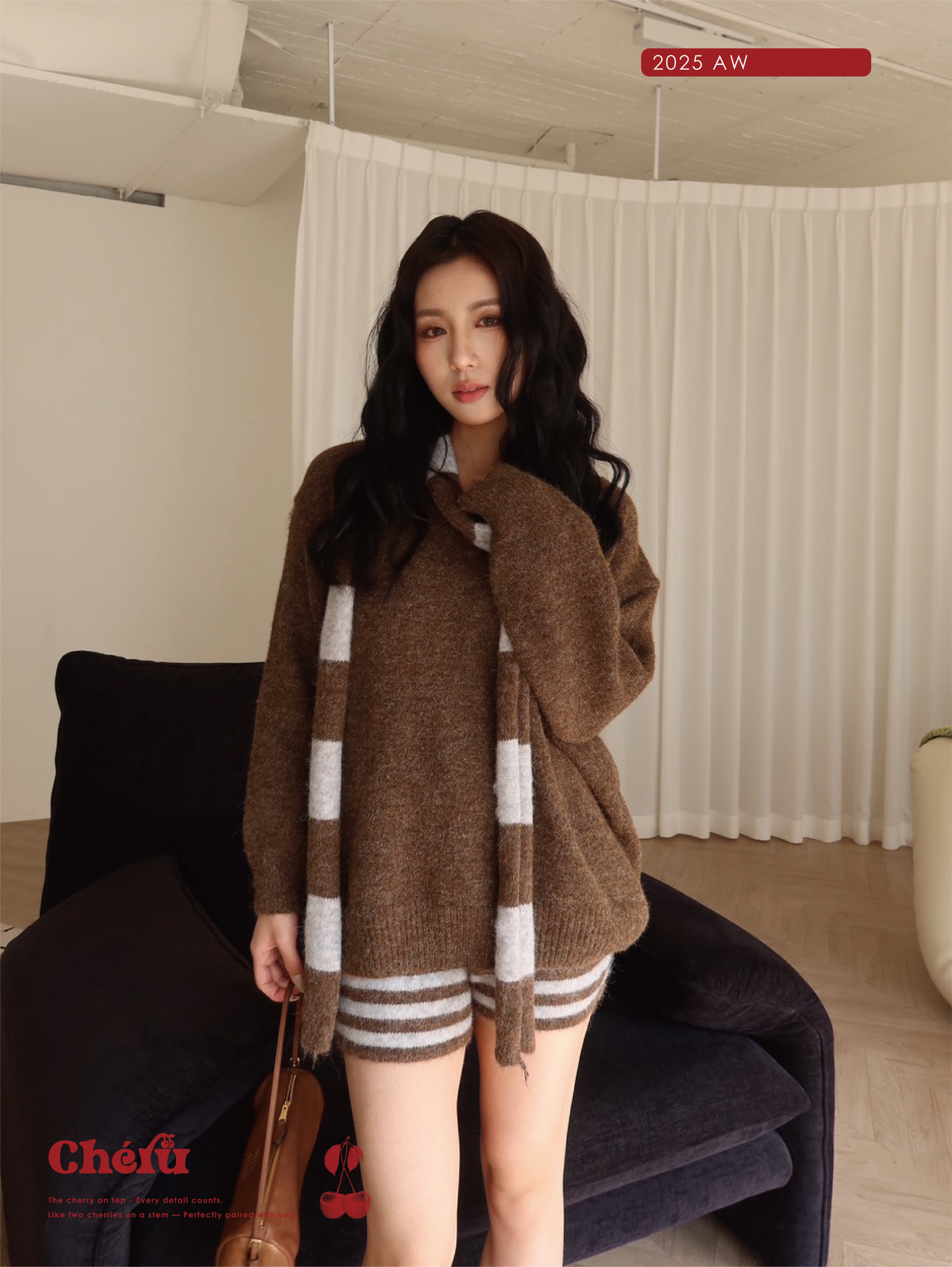 條紋針織三件式套裝 咖