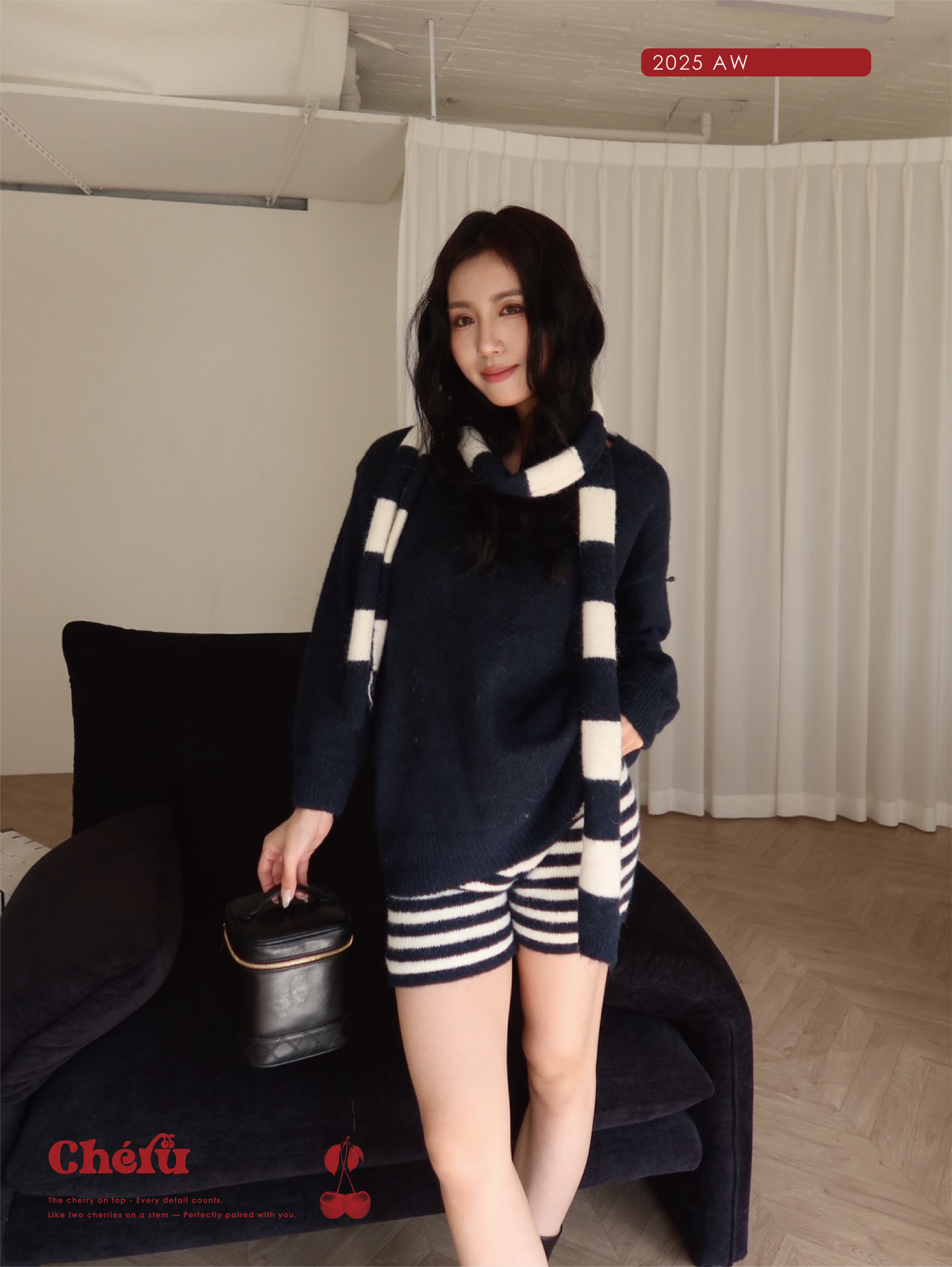 條紋針織三件式套裝 黑