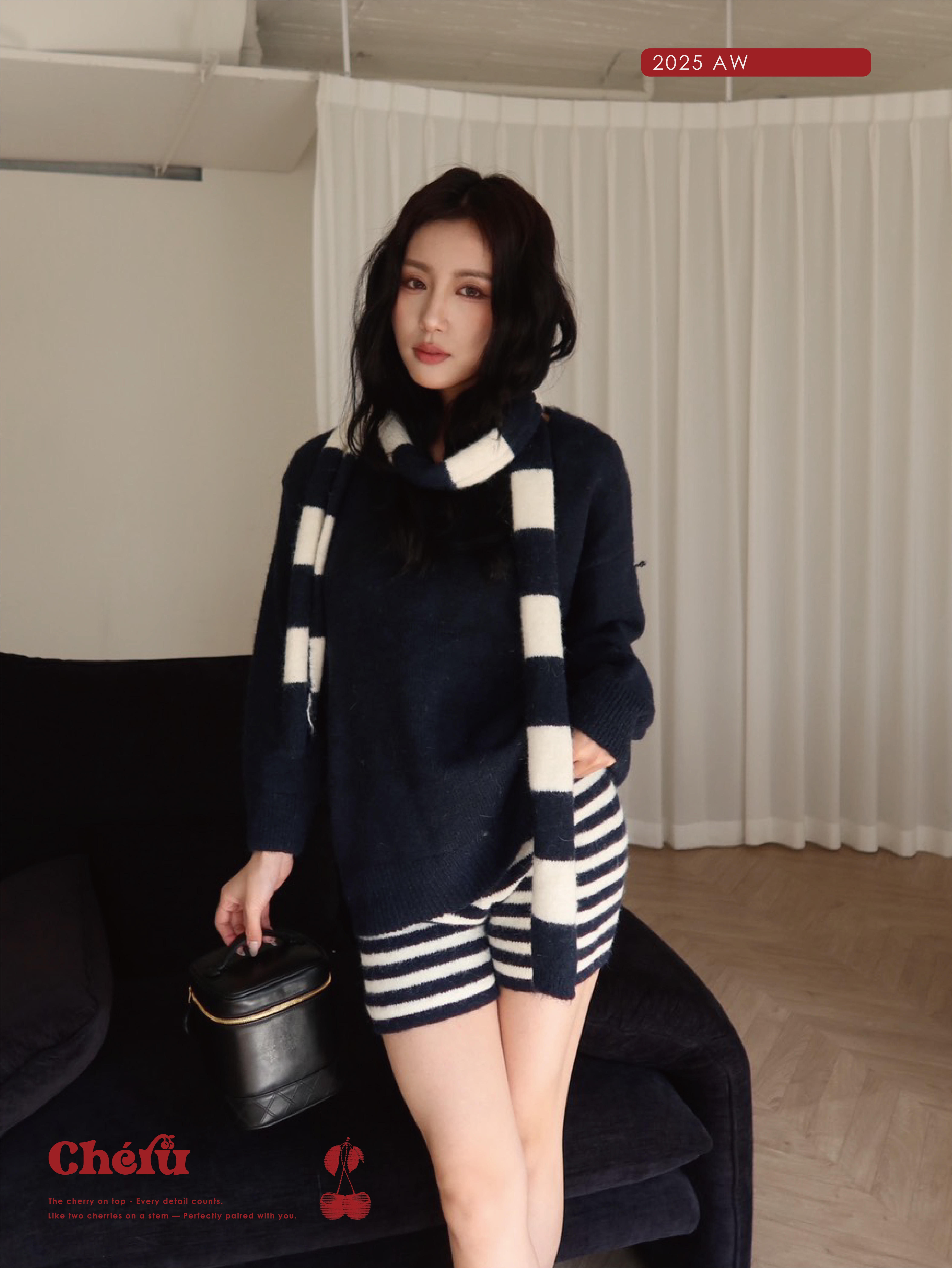 條紋針織三件式套裝 黑