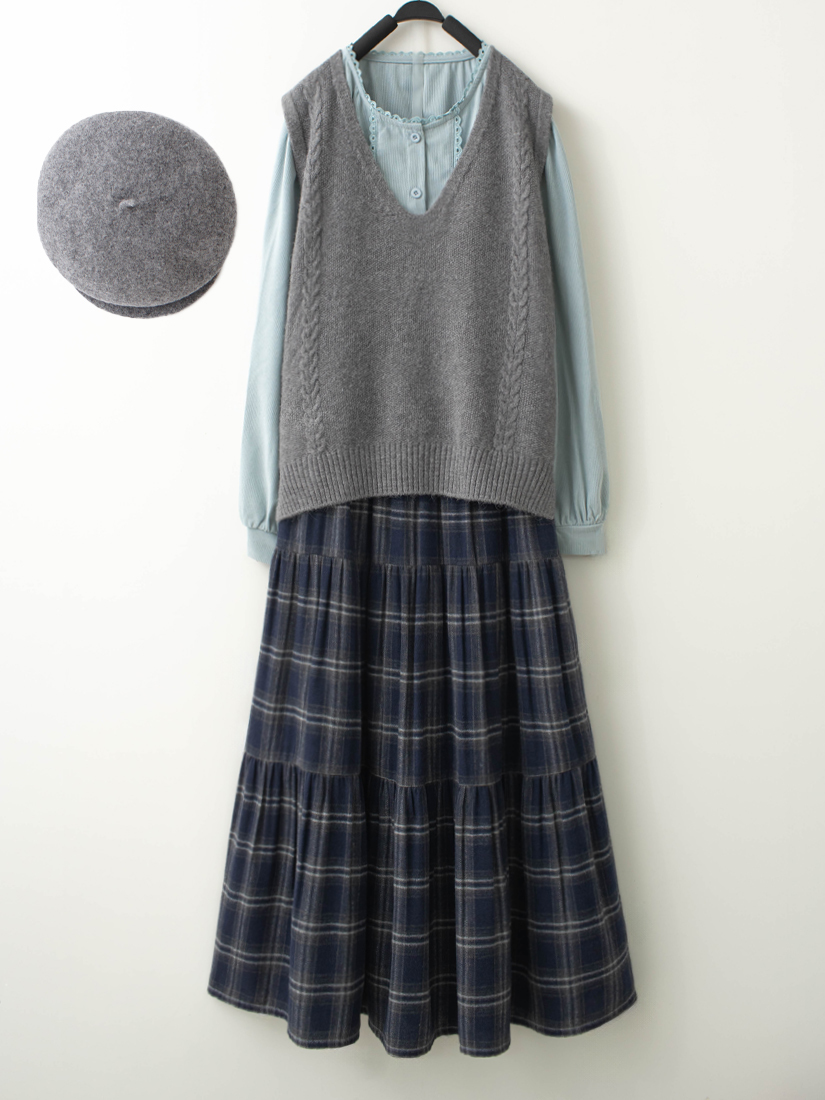 麻花開衩背心蕾絲條絨上衣格紋蛋糕裙組合