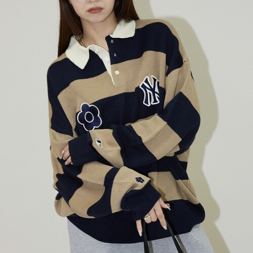 MLB x MARY QUANT x PUBLUX 小花刺繡 針織 條紋 翻領 橄欖球衫 98136036