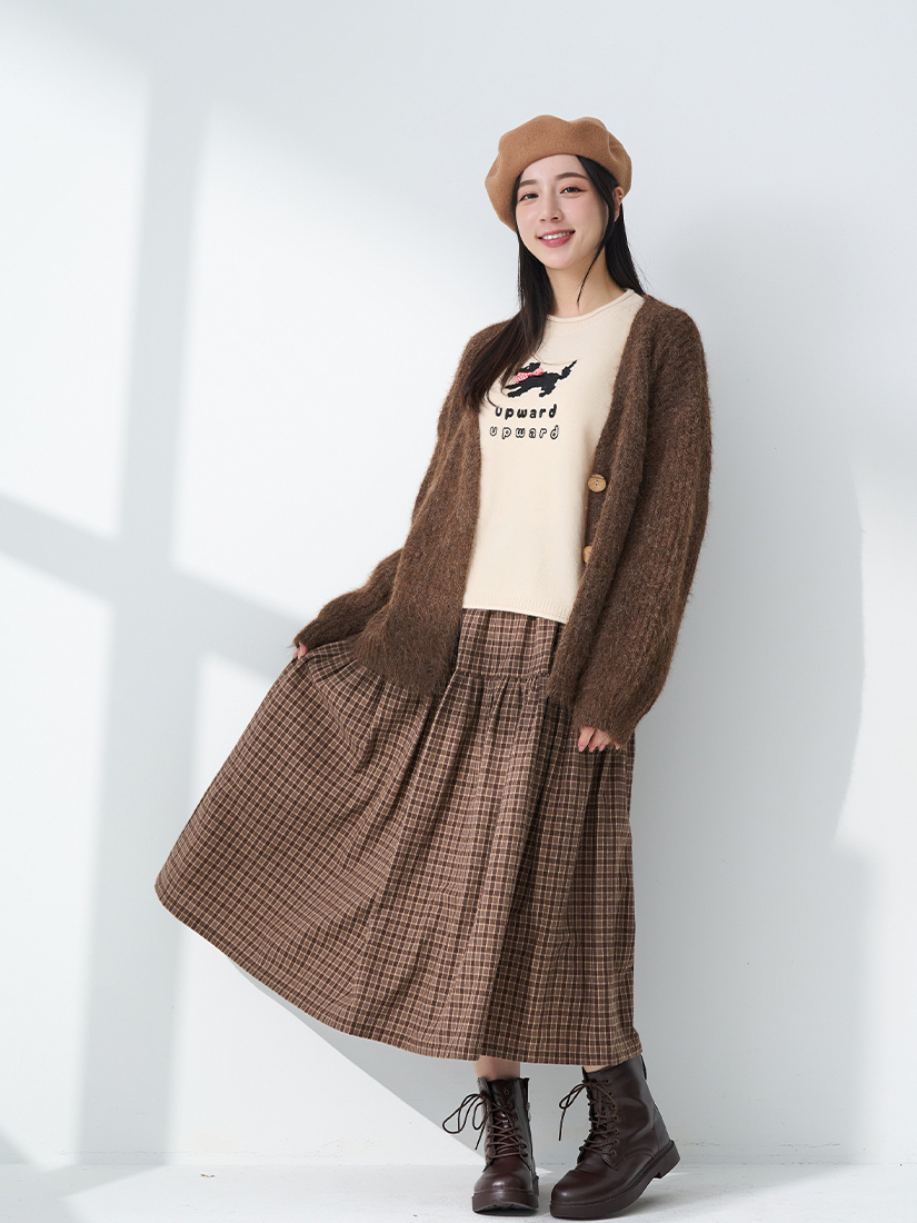 空氣感針織外套狗狗印花針織毛衣磨毛格紋細褶長裙組合