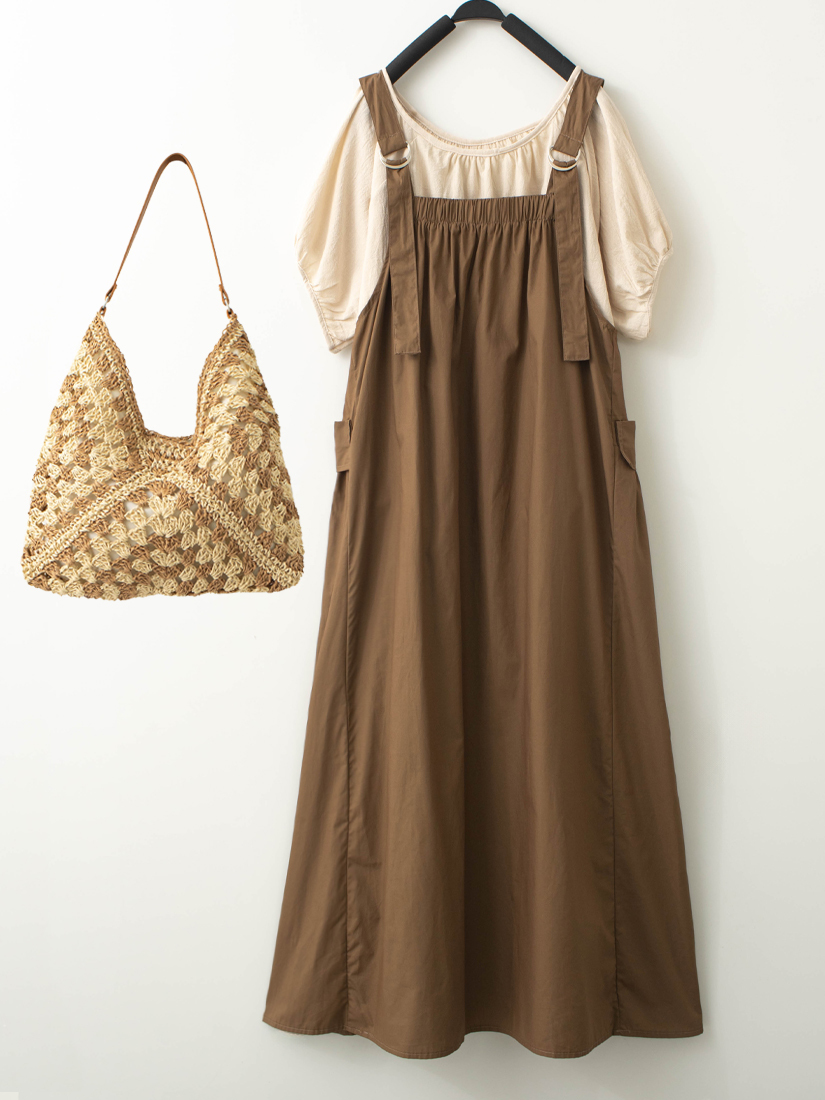 口袋抓皺吊帶長洋裝泡泡袖棉麻感上衣組合
