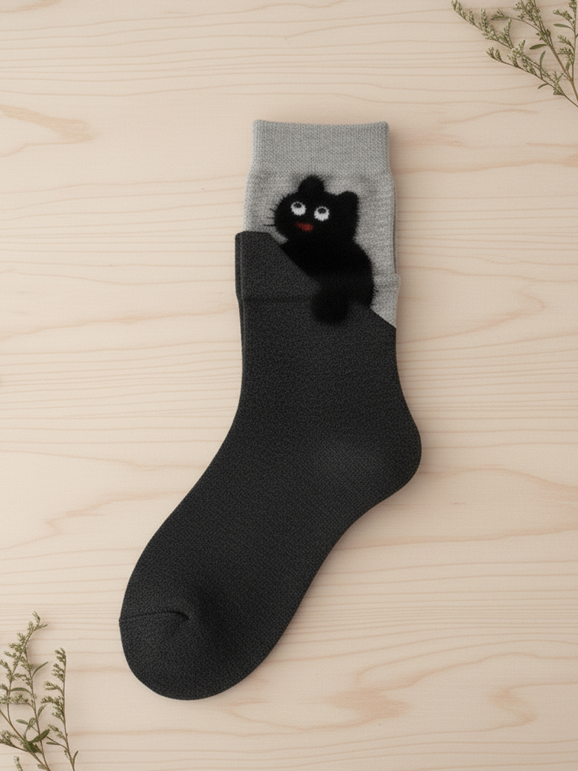 絨毛貓咪配色中筒襪