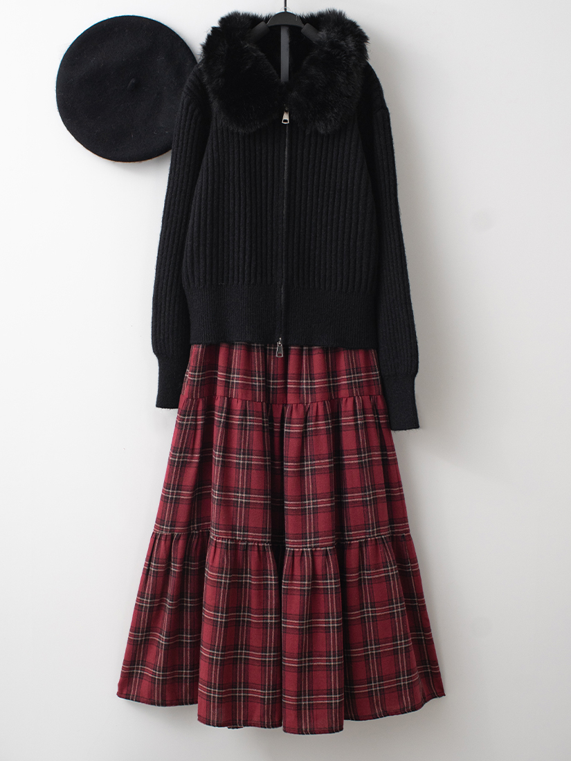 羅紋毛毛領外套蘇格蘭格紋蛋糕長裙組合