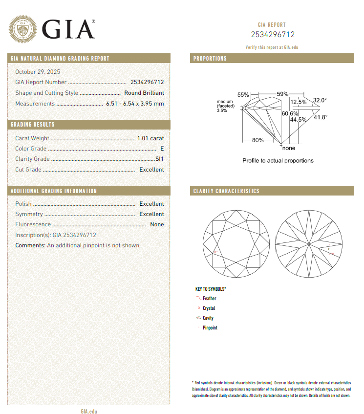 GIA鑽石 1.01 E SI1 3EX NON