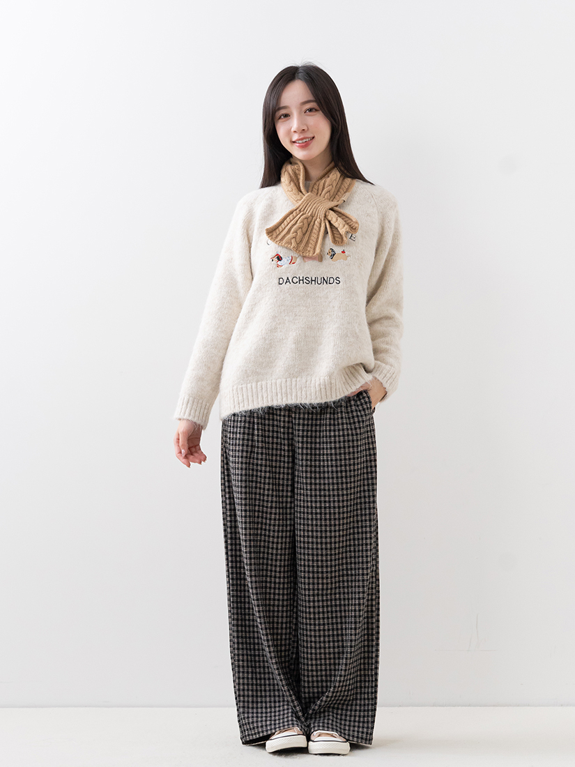 繡花針織毛衣後鬆緊磨毛直筒長褲組合