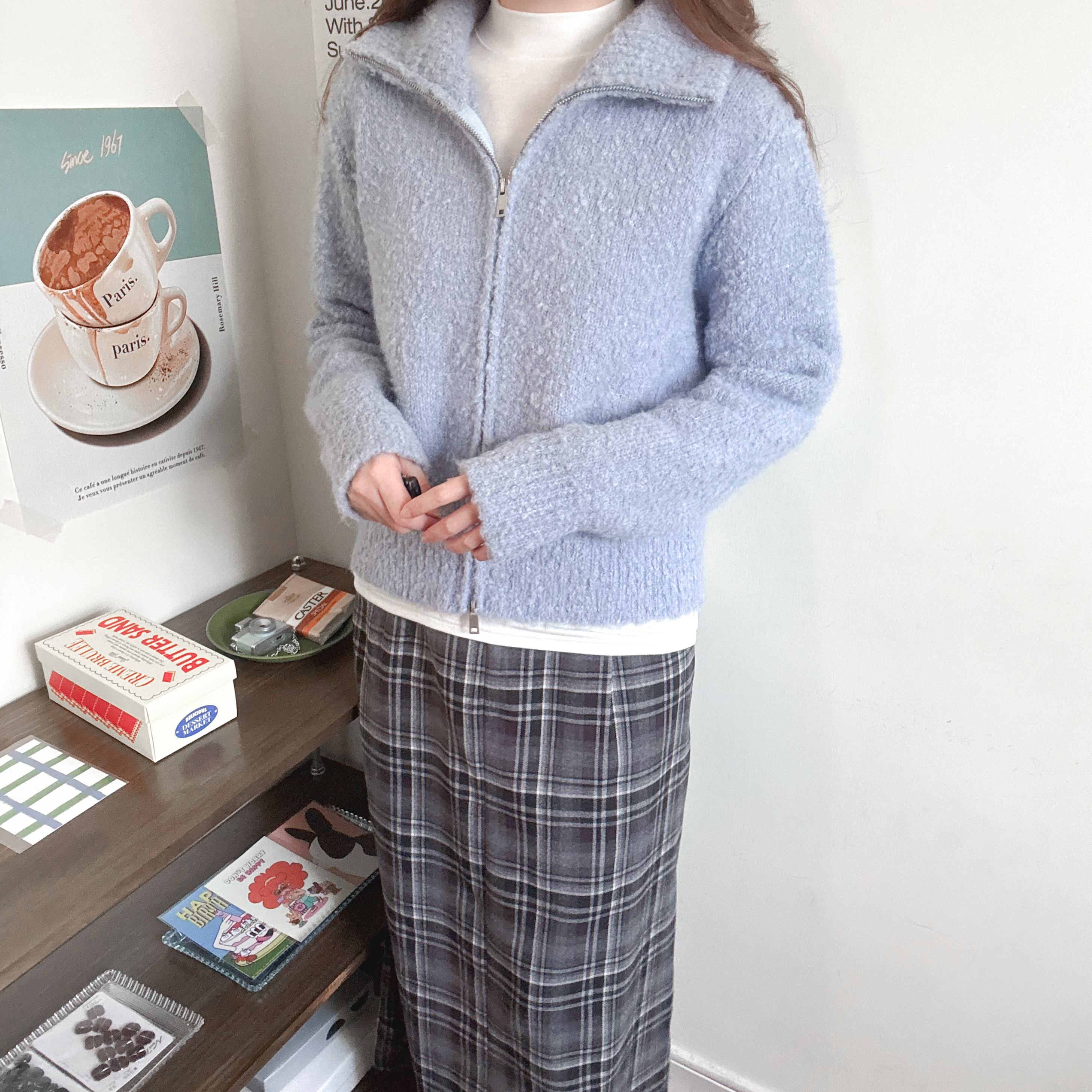 圈圈毛立領雙開拉鏈外套