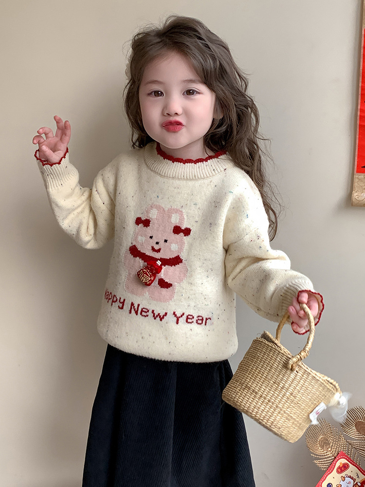 【H0070】可愛小兔過年喜氣洋洋厚磅花邊領毛衣(90-140)