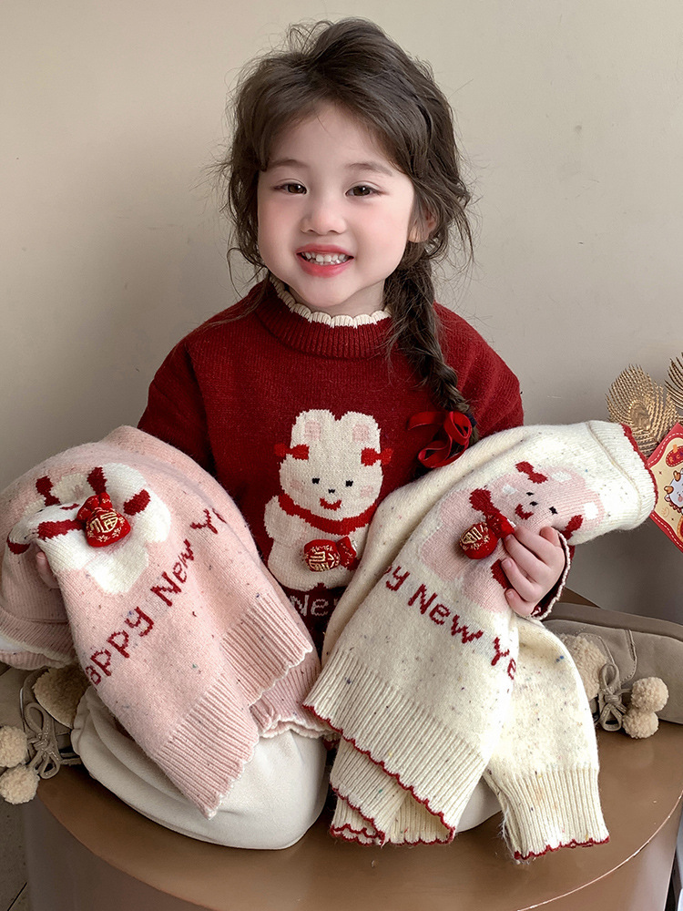【H0070】可愛小兔過年喜氣洋洋厚磅花邊領毛衣(90-140)