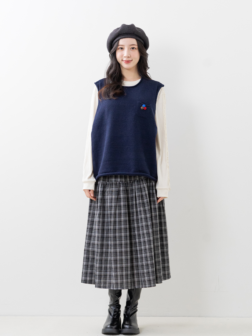 口袋針織背心條紋蕾絲上衣格紋顯瘦長裙組合