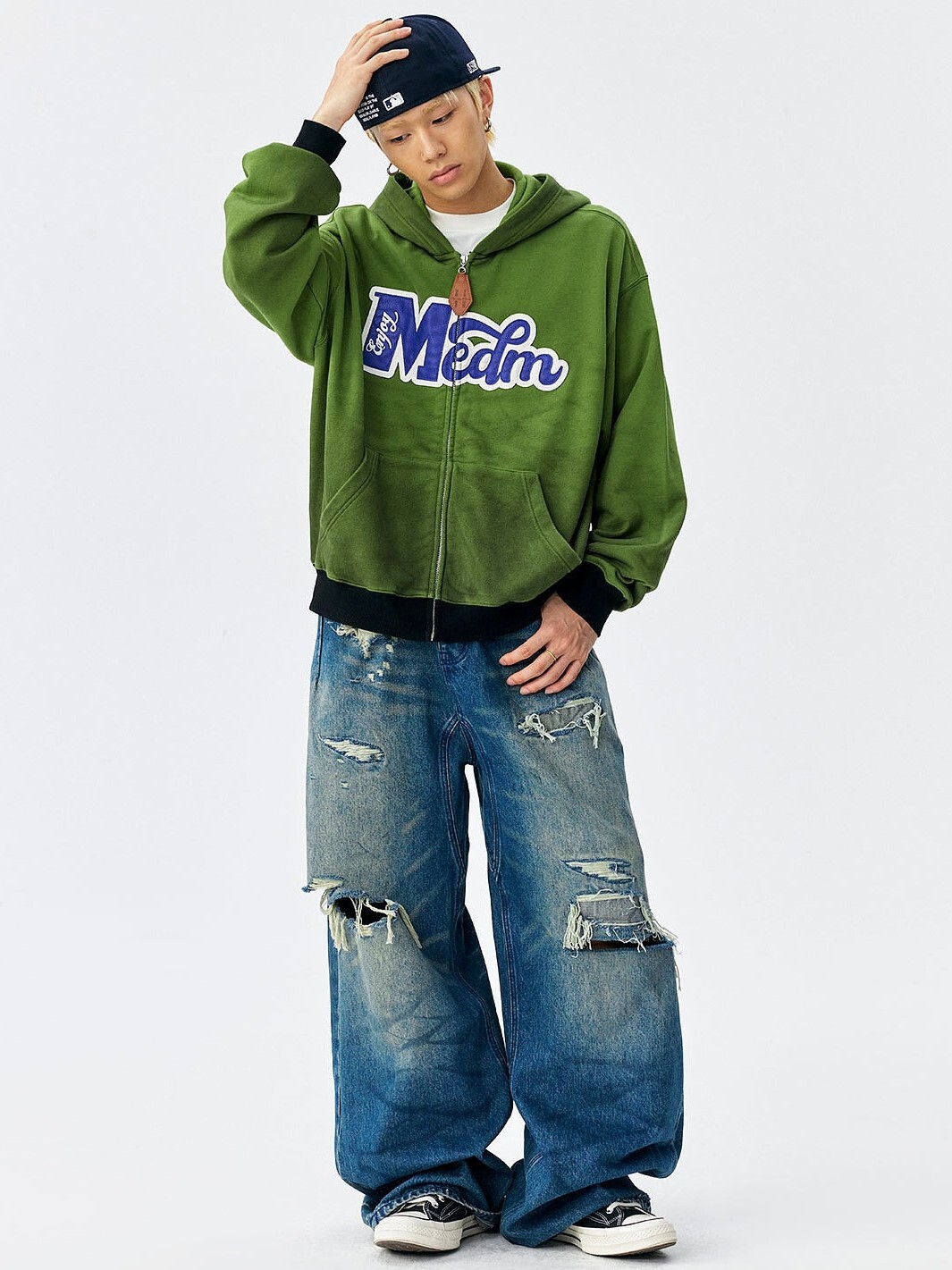 MEDM 字母吊牌拉鍊 水洗做舊 美式貼布Logo 前口袋 連帽拉鍊外套
