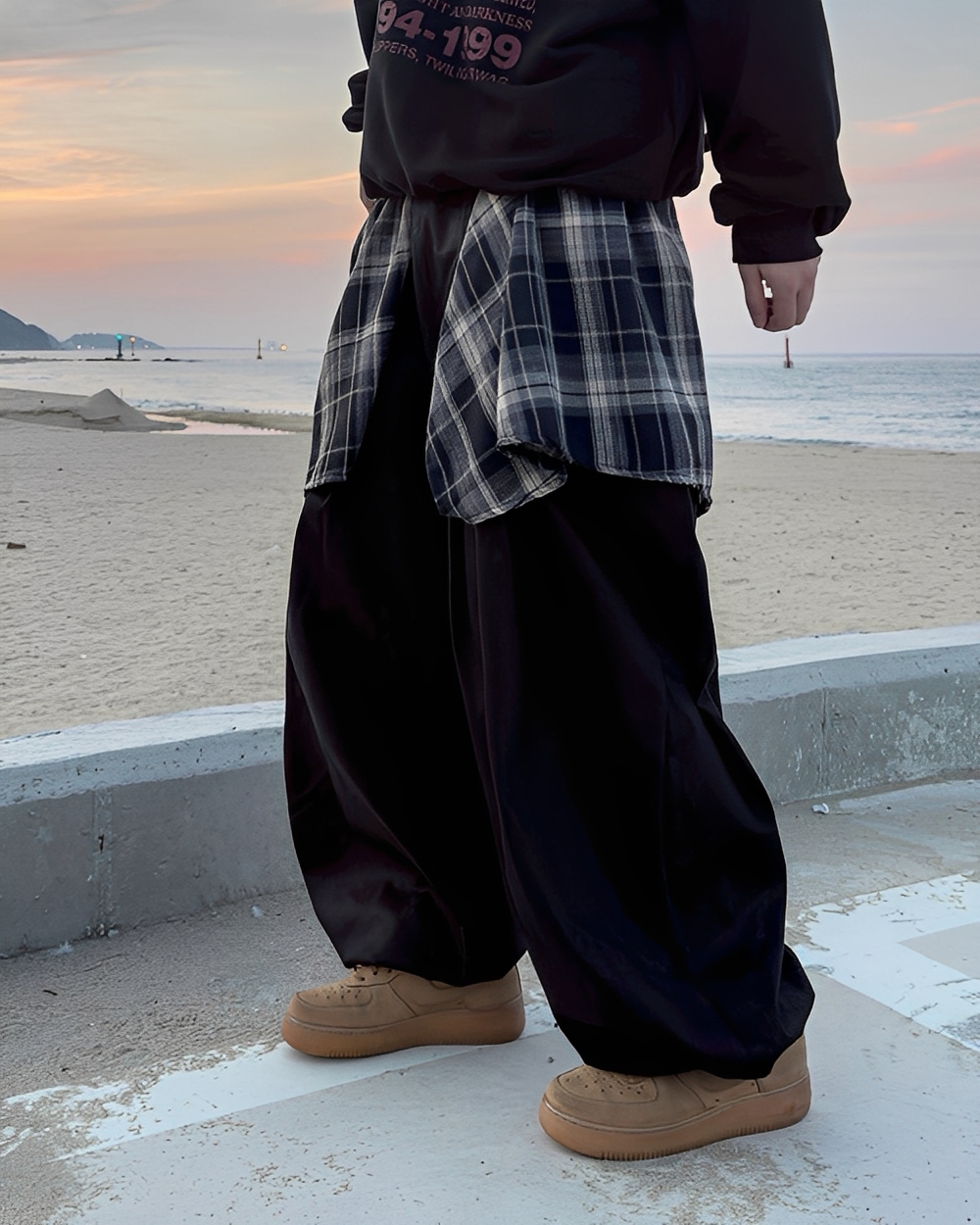 格紋 拼接 造型 落地 休閒 長褲