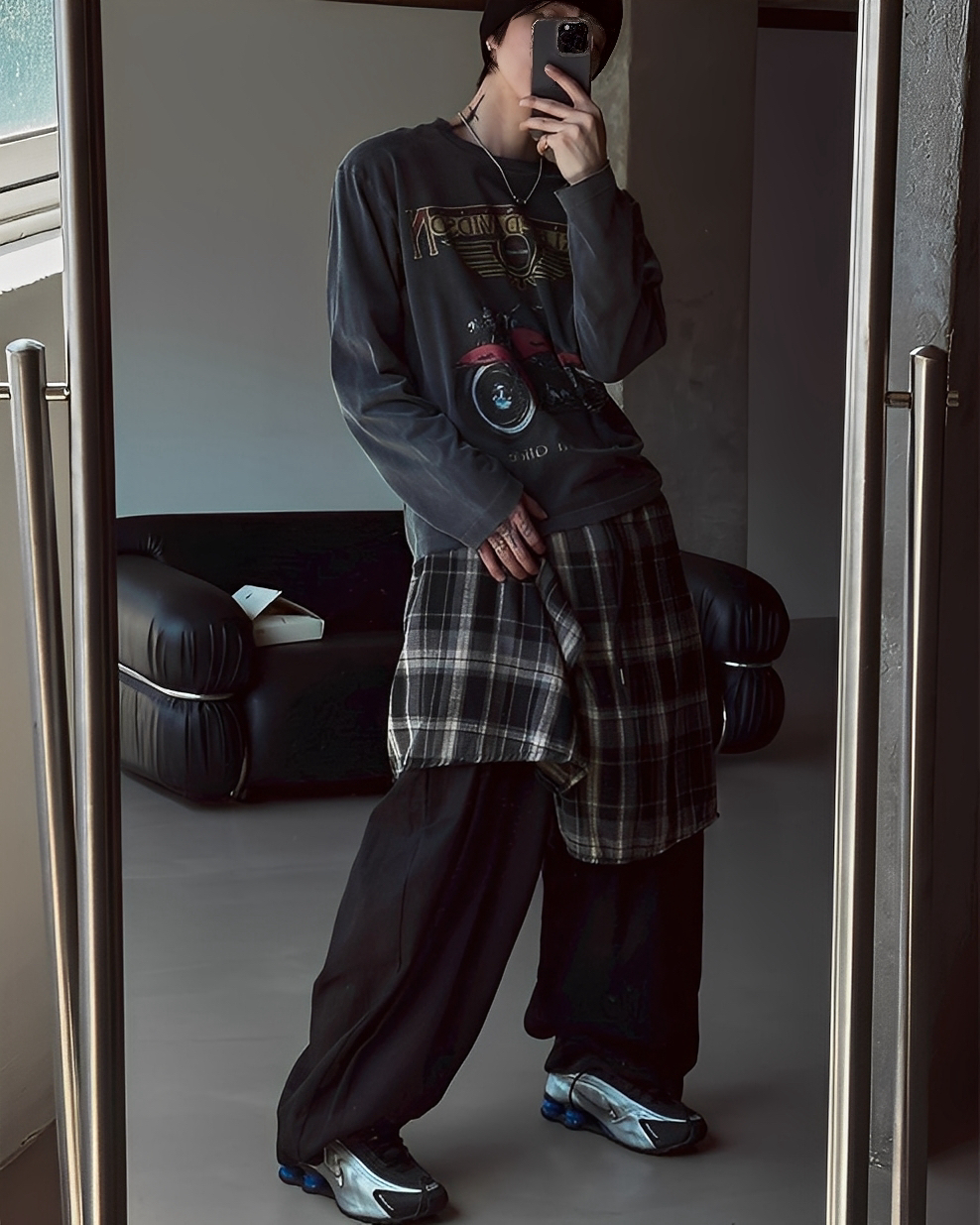 格紋 拼接 造型 落地 休閒 長褲