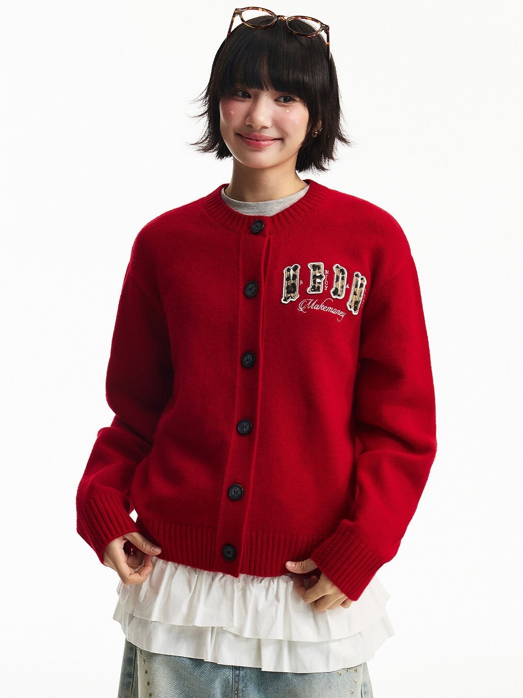 MEDM 雙層豹紋字母貼皮 休閒保暖 鈕扣針織外套